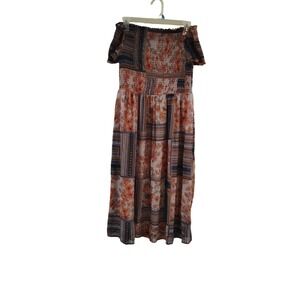 Xhilaration‎ Womens Boho Smocked Patchwork Floral Off Shoulder Midi Dress Medium